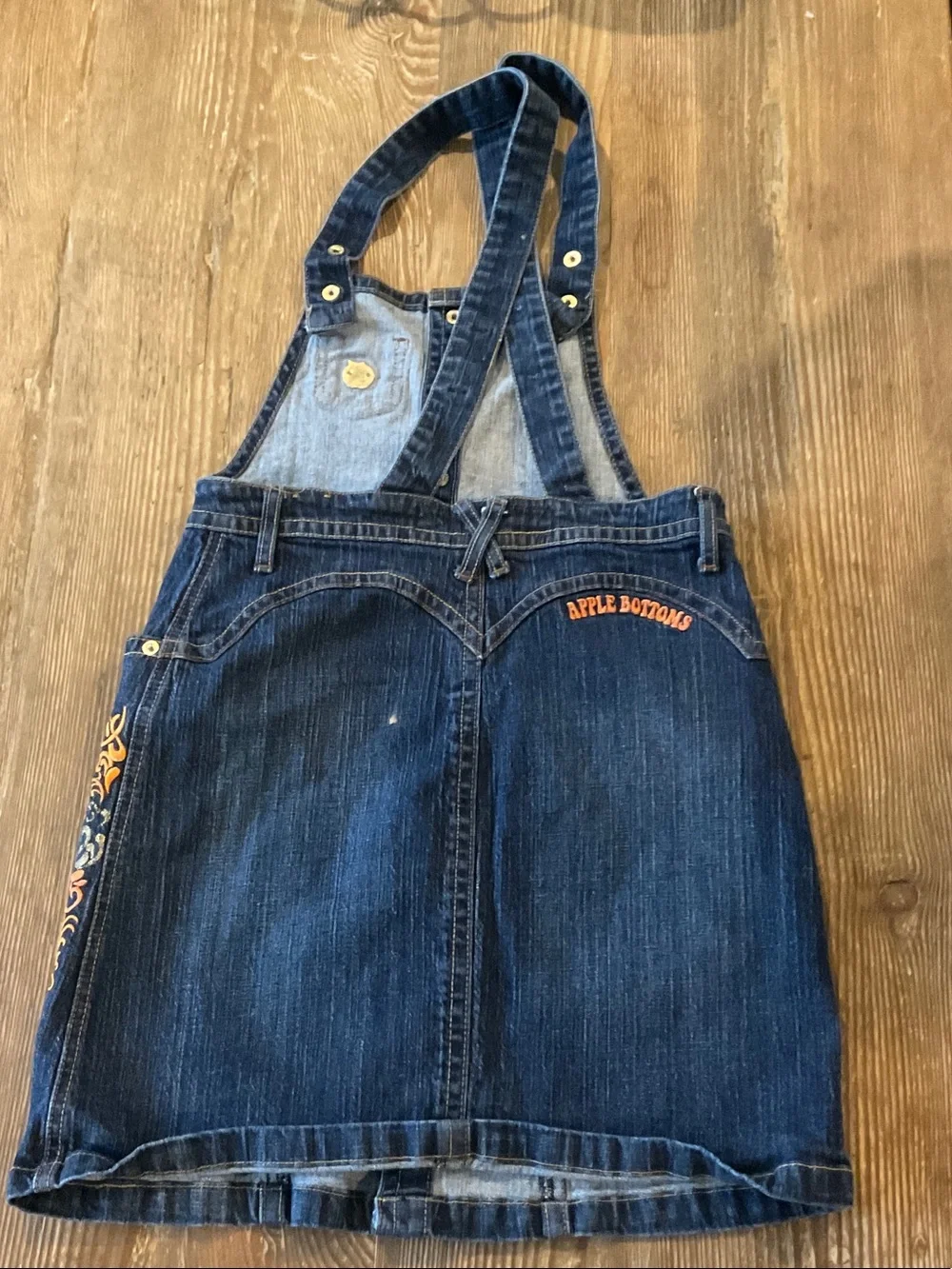 Y2K Apple Bottoms Dark Blue Denim Overall Skirt with Orange Embroidery